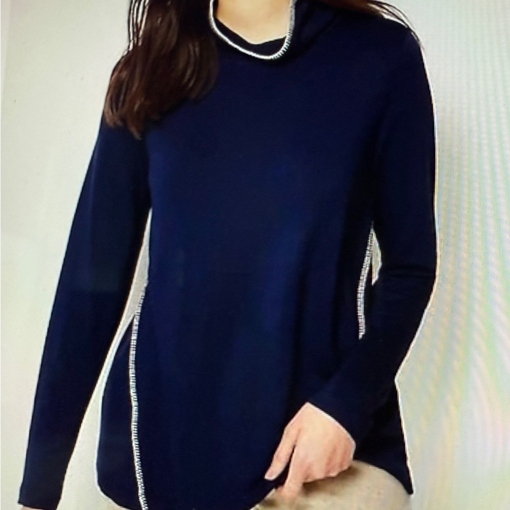 Pure Jill Tranquility Fleece Tunic Size XL Blue White Trim Long Sleeve Mock Neck
